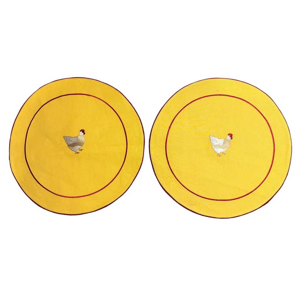 Pomegranate Inc Yellow Embroidered Chicken Round Placemats Set 2 Red Trim 15.5"